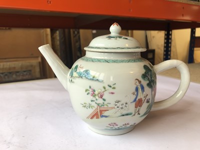 Lot 458 - A CHINESE FAMILLE ROSE 'MAN AND HIS DOG' TEAPOT AND COVER.