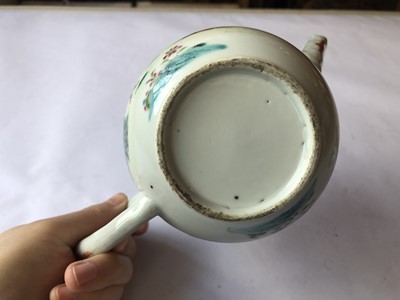 Lot 458 - A CHINESE FAMILLE ROSE 'MAN AND HIS DOG' TEAPOT AND COVER.