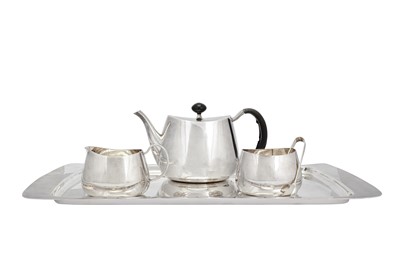 Lot 404 - An Elizabeth II modernist sterling silver three-piece tea service, Sheffield 1959/61/62 mark of Walker and Hall, designed by David Mellor