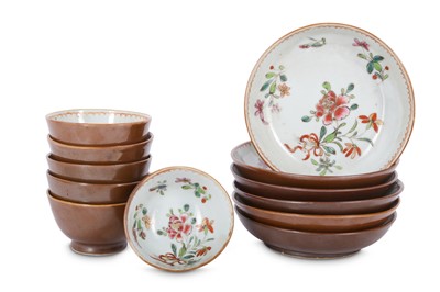 Lot 459 - SIX CHINESE FAMILLE ROSE CAFE AU LAIT-GROUND CUPS AND SAUCERS.