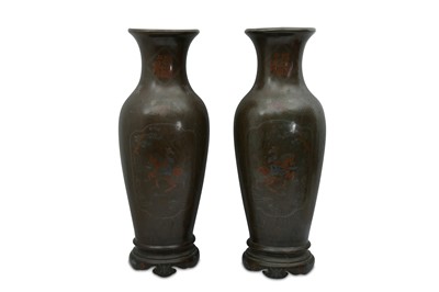 Lot 255 - A PAIR OF LARGE VIETNAMESE SILVER AND COPPER-INLAID BRONZE VASES.