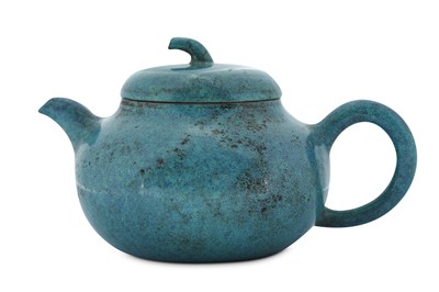Lot 913 - A CHINESE ROBIN'S EGG-GLAZED YIXING TEAPOT AND COVER.