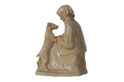 Lot 65 - AN EARLY 20TH CENTURY GLAZED EARTHENWARE FIGURE OF AN ELDERLY LADY WITH HER DOG ATTRIBUTED TO MARY BUCHANAN (SCOTTISH 1876-1958)