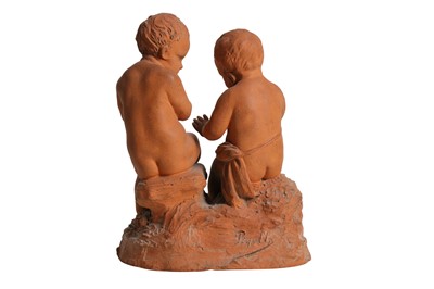 Lot 51 - A 19TH CENTURY FRENCH TERRACOTTA FIGURE OF TWO INFANTS IN THE MANNER OF JEAN - BAPTISTE PIGALLE (FRENCH 1714 – 1785)