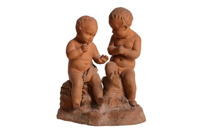 Lot 51 - A 19TH CENTURY FRENCH TERRACOTTA FIGURE OF TWO INFANTS IN THE MANNER OF JEAN - BAPTISTE PIGALLE (FRENCH 1714 – 1785)