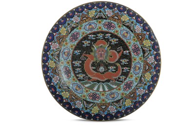 Lot 638 - A LARGE CHINESE CLOISONNE 'DRAGON' DISH.