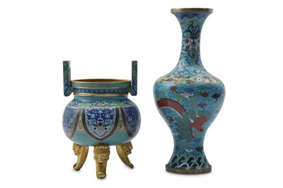 Lot 640 - A CHINESE CLOISONNE TRIPOD INCENSE BURNER AND A 'DRAGON' VASE.