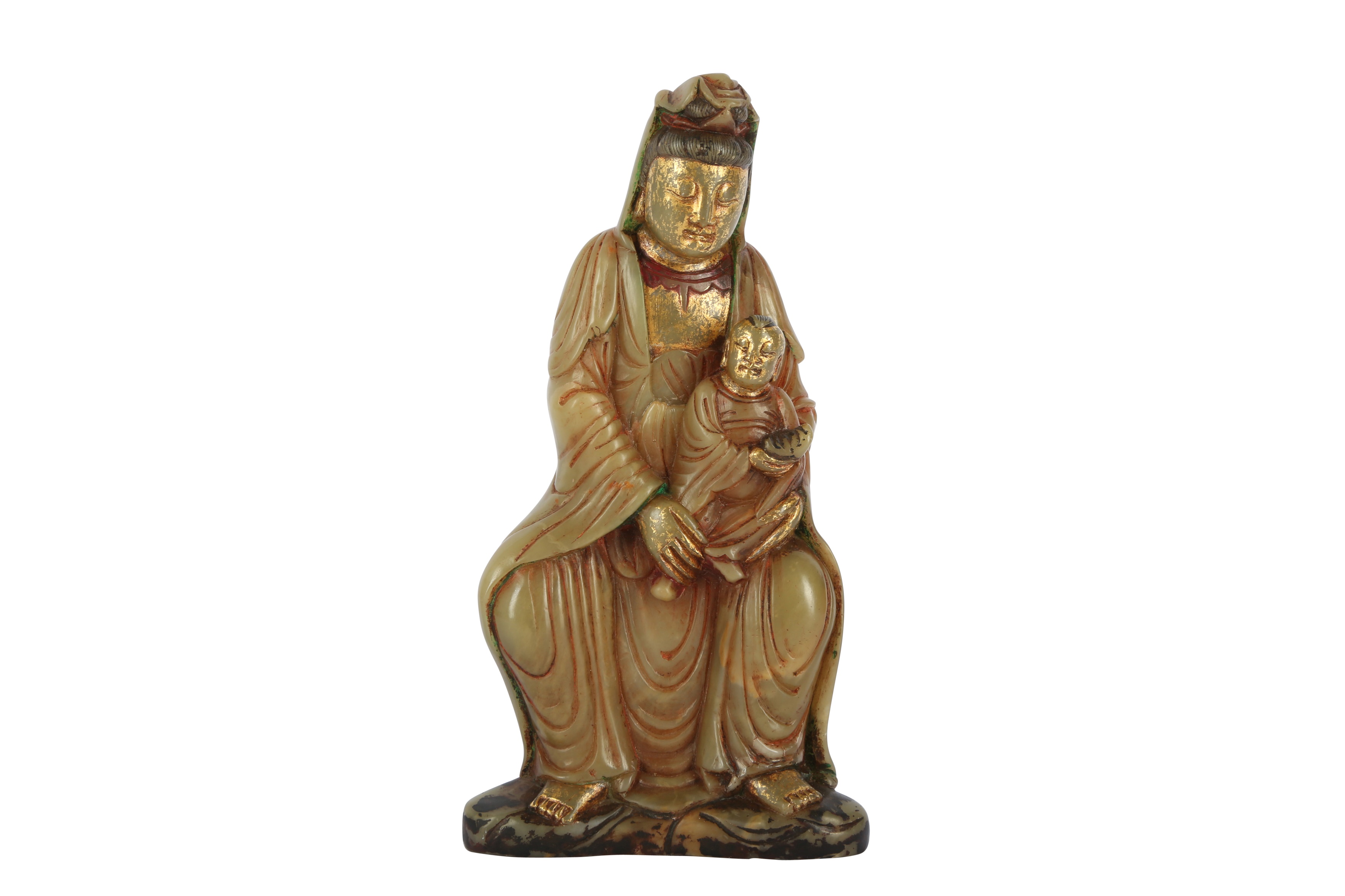 Lot 227 - A CHINESE SOAPSTONE FIGURE OF GUANYIN AND