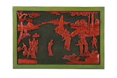 Lot 328 - A CHINESE CINNABAR AND GREEN LACQUER FIGURATIVE PANEL.