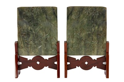 Lot 500 - A PAIR OF CHINESE JADE 'LADY AND BOY ' TABLE SCREENS.