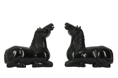 Lot 668 - A PAIR OF CHINESE SPINACH-GREEN JADE HORSES.