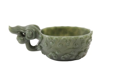 Lot 715 - A CHINESE SPINACH-GREEN JADE ARCHAISTIC POURING VESSEL.