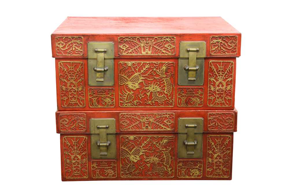 Lot 165 - A PAIR OF CHINESE LEATHER CINNABAR LACQUER AND GILT-DECORATED CHESTS.