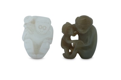 Lot 690 - TWO CHINESE JADE 'MONKEY' CARVINGS.