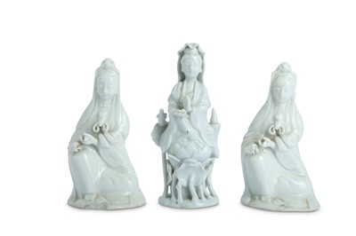 Lot 38 - THREE SMALL CHINESE BLANC-DE-CHINE FIGURES OF GUANYIN.