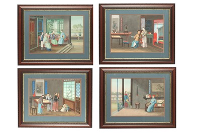 Lot 272 - A SET OF FOUR FINE CHINESE EXPORT PAINTINGS OF INTERIORS.