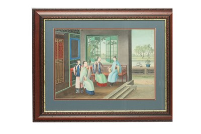 Lot 272 - A SET OF FOUR FINE CHINESE EXPORT PAINTINGS OF INTERIORS.