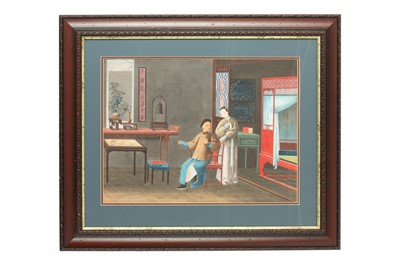 Lot 272 - A SET OF FOUR FINE CHINESE EXPORT PAINTINGS OF INTERIORS.