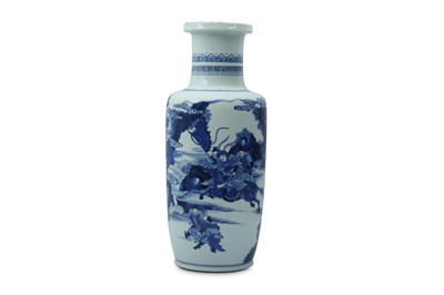 Lot 345 - A CHINESE BLUE AND WHITE FIGURATIVE ROULEAU VASE.
