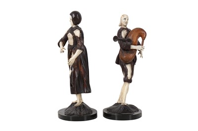 Lot 48 - MANNER OF SIMON TROGER: A PAIR OF 18TH CENTURY FRUITWOOD AND IVORY FIGURES