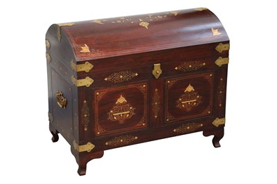 Lot 430 - A 1960s rosewood brass inlaid trunk, matching trolley and camel stool