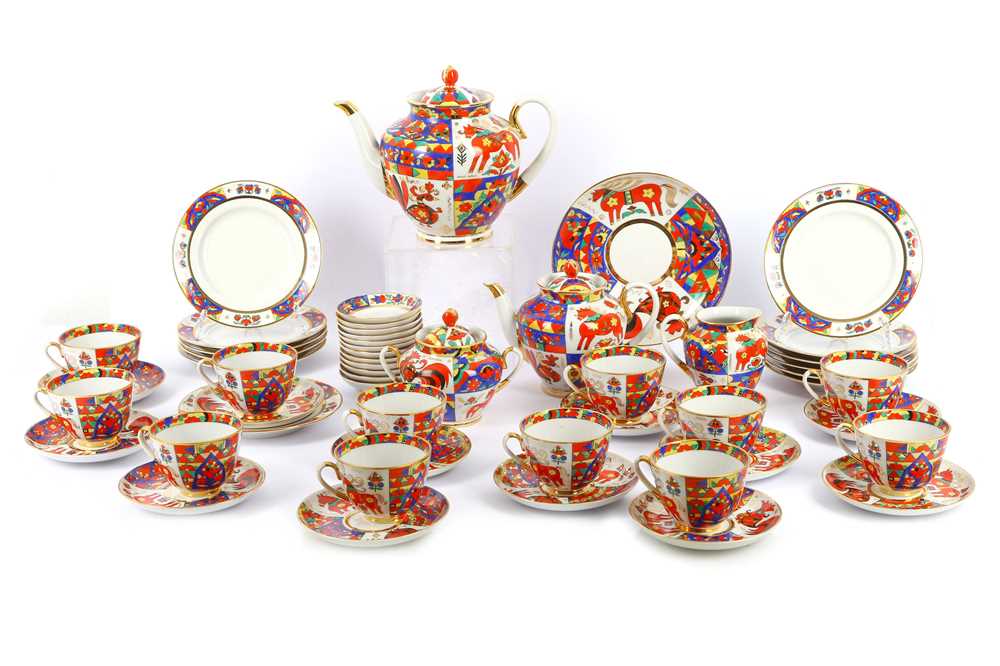 Lot 311 - A Russian USSR Lomonsov 53 piece tea service,  'Spring Folk'