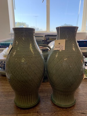 Lot 161 - A PAIR OF CHINESE LONGQUAN CELADON VASES.