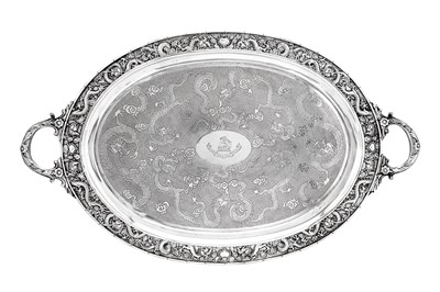 Lot 172 - A large late 19th / early 20th century Chinese Export silver twin handled tray, Canton circa 1900, retailed by Wang Hing