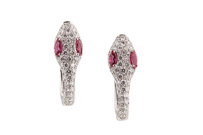 Lot 122 - A pair of ruby and diamond snake earrings