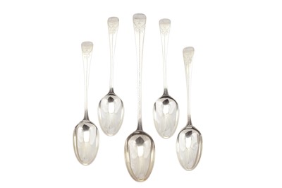 Lot 294 - Four George III sterling silver tablespoons and a basting spoon, the latter London 1782 by William Sumner