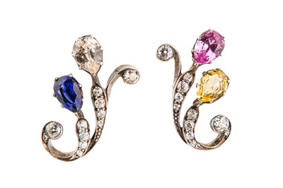 Lot 45 - A pair of multi-coloured sapphire and diamond earrings