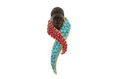 Lot 141 - A turquoise and ruby Blackamoor brooch, circa 1960