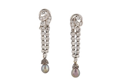 Lot 166 - A pair of pearl and diamond pendent earrings