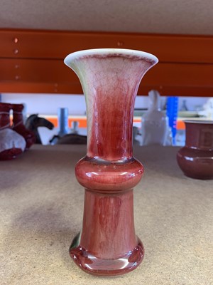 Lot 122 - A SMALL CHINESE COPPER RED AND OLIVE GREEN-GLAZED VASE, GU.