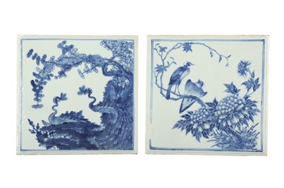 Lot 575 - A PAIR OF CHINESE BLUE AND WHITE 'BIRDS' PANELS.