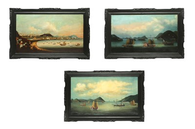 Lot 283 - A SET OF THREE CHINESE EXPORT OIL PAINTINGS.