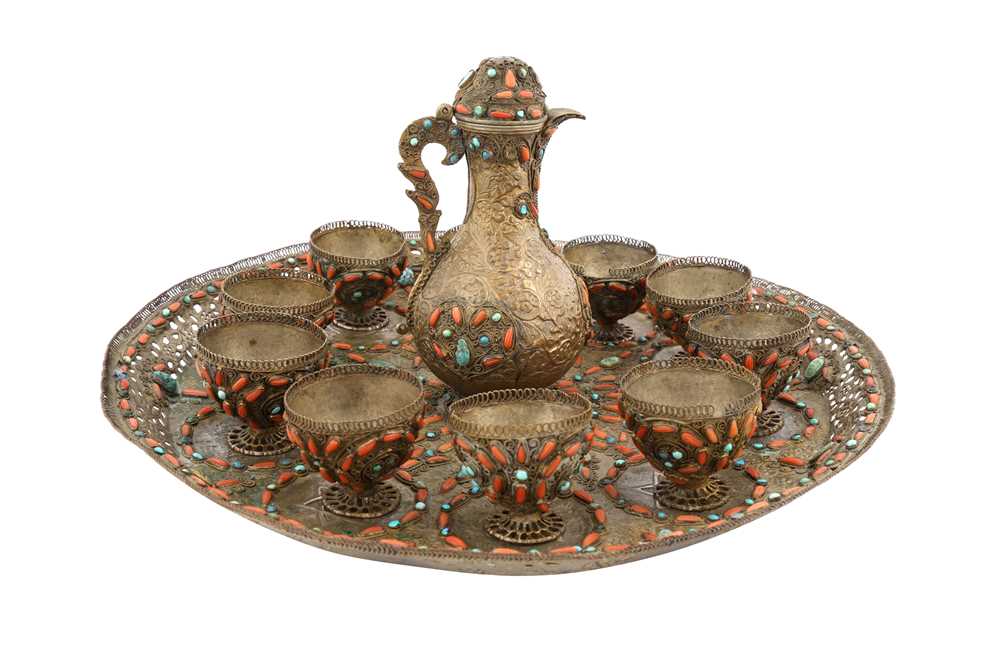 Lot 215 - λ A CORAL AND TURQUOISE-ENCRUSTED GILT BRASS COFFEE SET