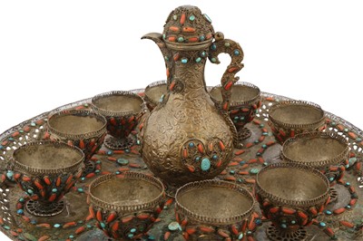 Lot 215 - λ A CORAL AND TURQUOISE-ENCRUSTED GILT BRASS COFFEE SET