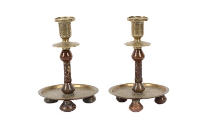 Lot 216 - A PAIR OF INLAID AGATE AND ENGRAVED BRASS DAMASCUS-WARE CANDLESTICKS