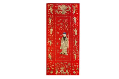 Lot 389 - A LARGE CHINESE RED-GROUND SILK 'IMMORTALS' PANEL.