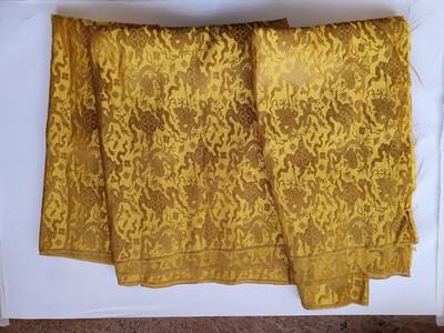 Lot 140 - A LARGE CHINESE IMPERIAL YELLOW SILK DAMASK 'DRAGON' PANEL.