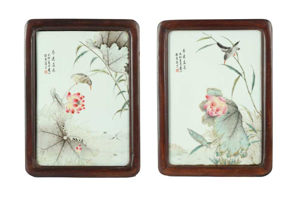 Lot 220 - A PAIR OF CHINESE PORCELAIN ‘LOTUS POND’ PLAQUES.