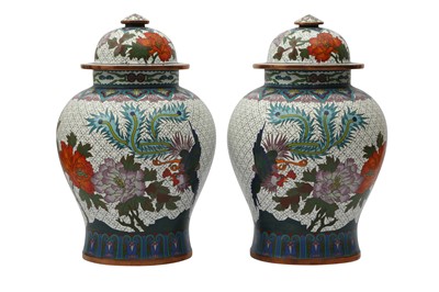 Lot 316 - A PAIR OF CHINESE CLOISONNÉ ENAMEL JARS AND COVERS.