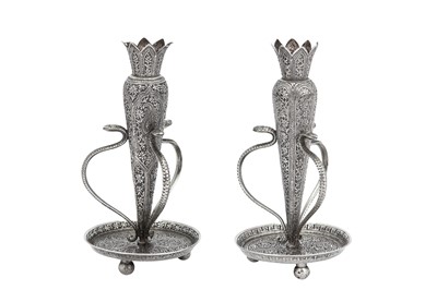Lot 103 - A pair of late 19th century Anglo – Indian unmarked silver posy holder, Kashmir circa 1890