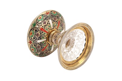 Lot 264 - A late 19th century Austrian 800 standard silver-gilt, champlevé enamel and crystal salt, Vienna circa 1880 by Hermann Ratzersdorfer (1845 - 1894)