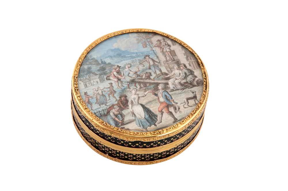 Lot 91 - A Louis XVI late 18th century French gold mounted vernis martin and pique work snuffbox, probably Paris circa 1775