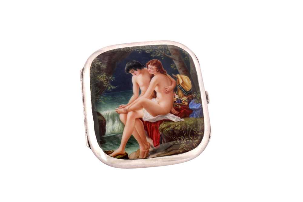 Lot 1043 - An early 20th century German 935 standard silver and enamel erotic cigarette case