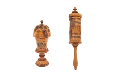 Lot 204 - A PAINTED AND INLAID OLIVE WOOD BESAMIM (SPICE BOX) AND SCROLL CONTAINER