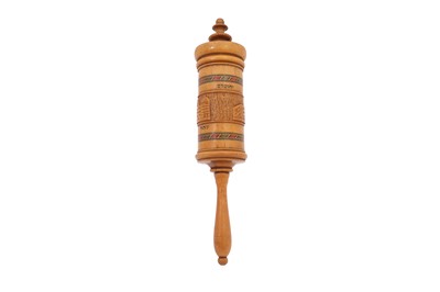 Lot 204 - A PAINTED AND INLAID OLIVE WOOD BESAMIM (SPICE BOX) AND SCROLL CONTAINER