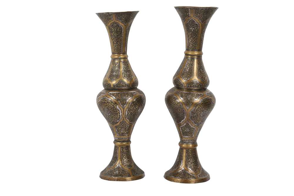 Lot 217 - A PAIR OF SILVER-INLAID MAMLUK-REVIVAL DAMASCUS-WARE VASES